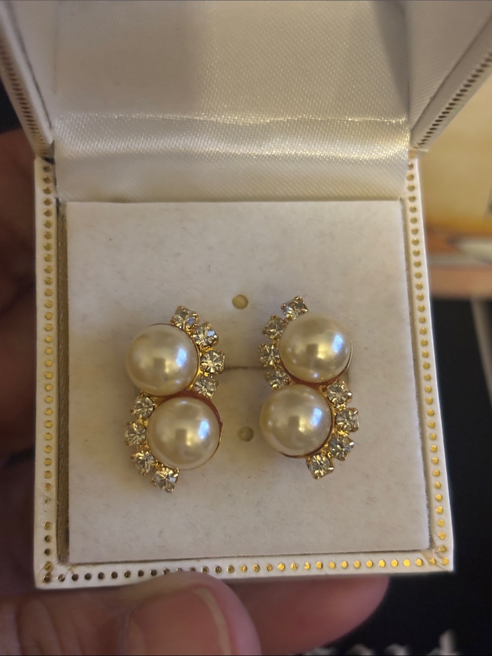 Vintage Gold Pearl and Crystal Double-Stud Earrings - White Pearls